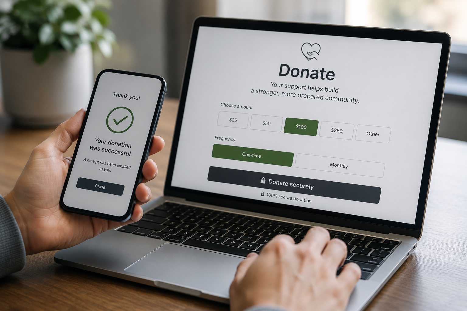 Laptop screen with a donation webpage