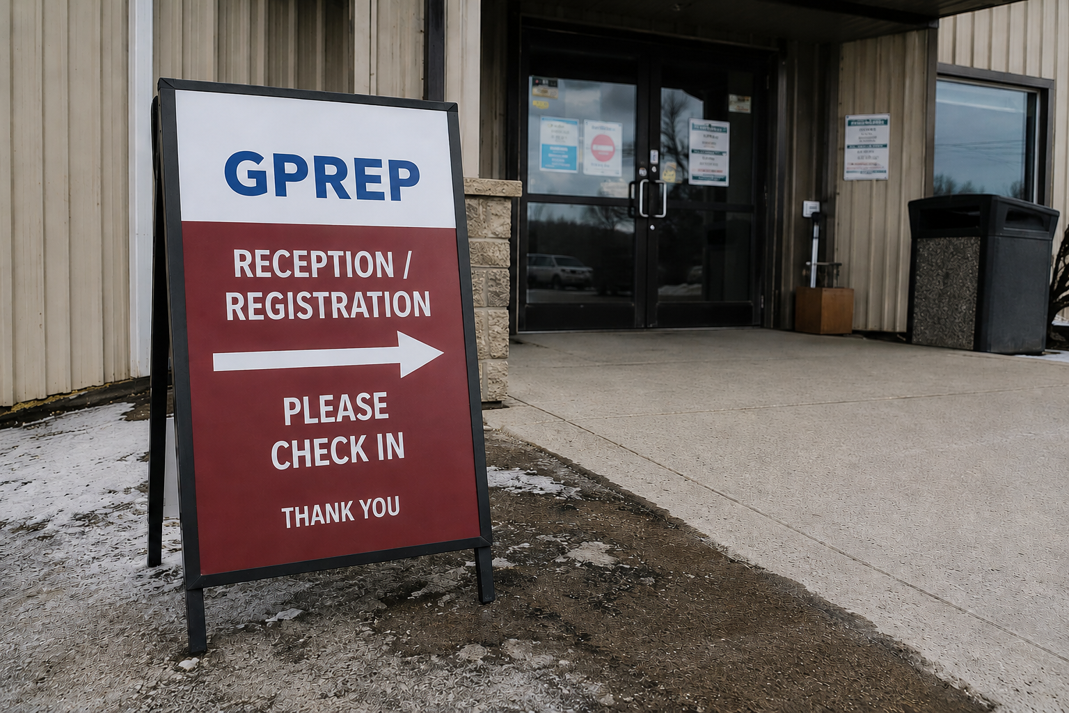 A sign stating "GPREP Evacuation Centre" outside of a building.