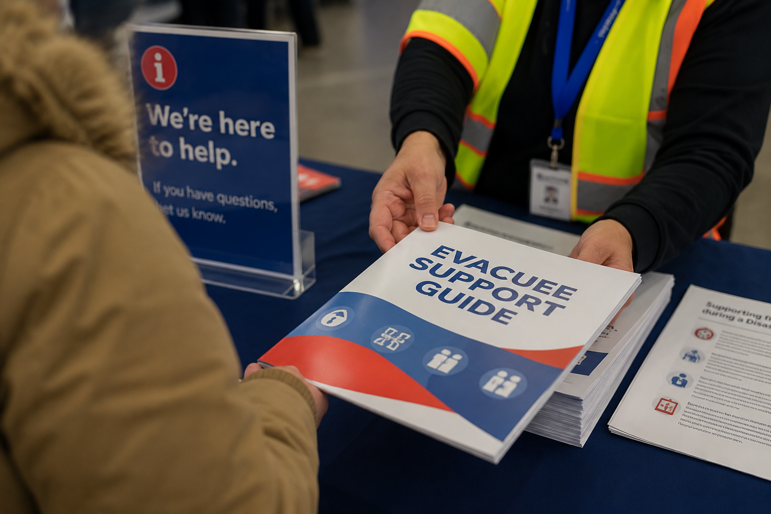 A worker in a vest handing someone an evacuee support guide booklet.
